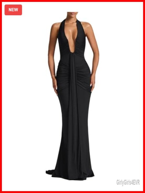 Dresses & Skirts - Deep V-Neck Sleeveless Halter Ruched Bodycon Maxi Dress